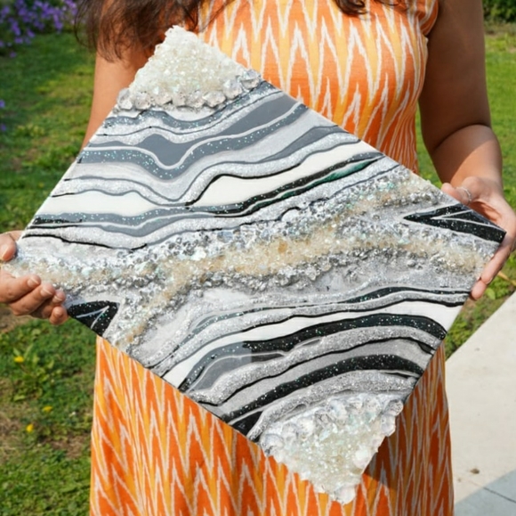 Silver and Black- Geode art piece (Resin) - Picture 2 of 8